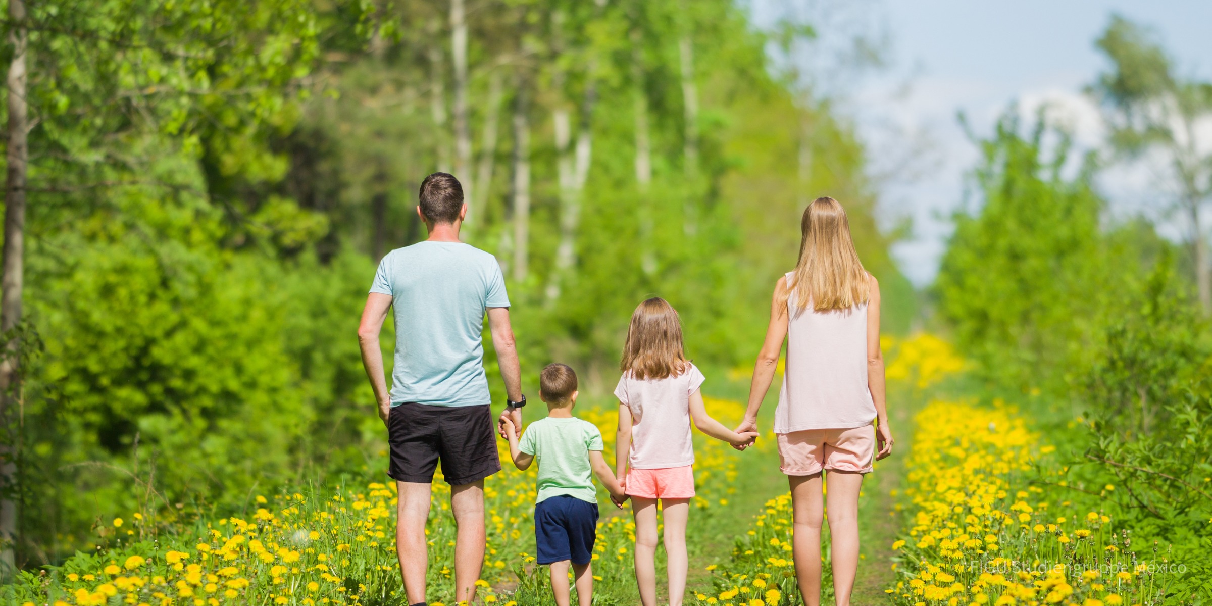 Familia de espaldas caminando de la mano por un sendero primaveral.