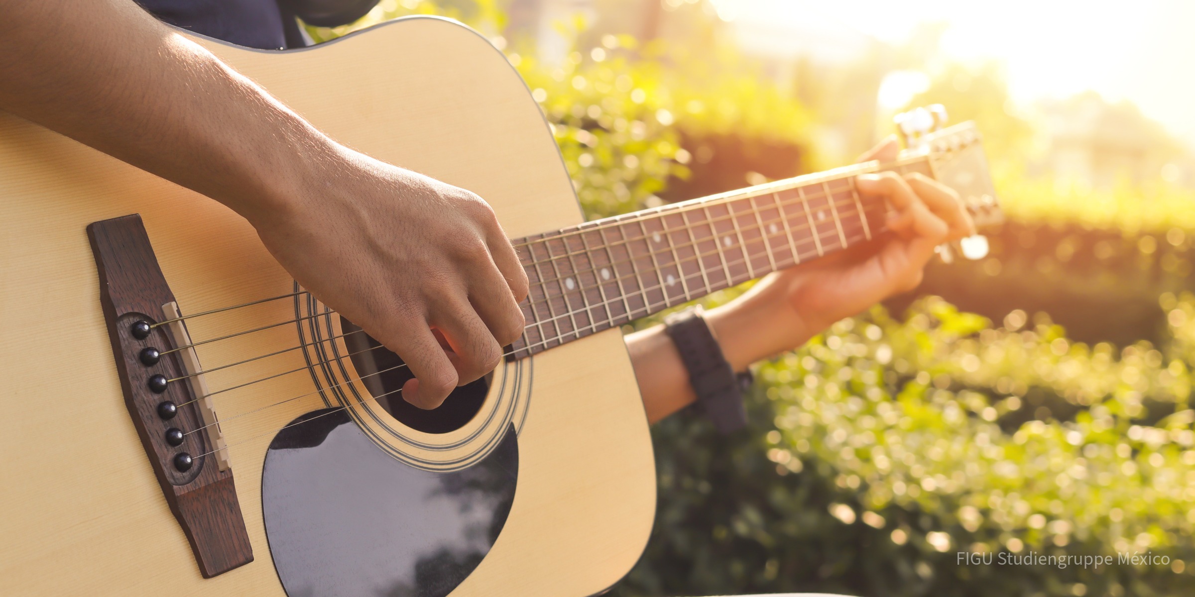 Mano tocando una guitarra en un parque iluminado por el sol.