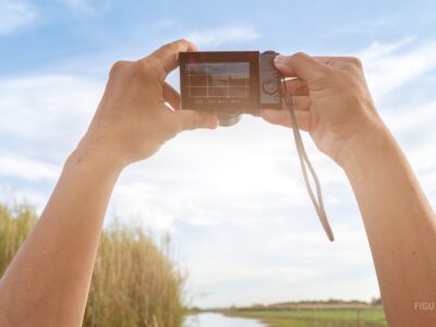 Manos sosteniendo una cámara para tomar una fotografía al aire libre.