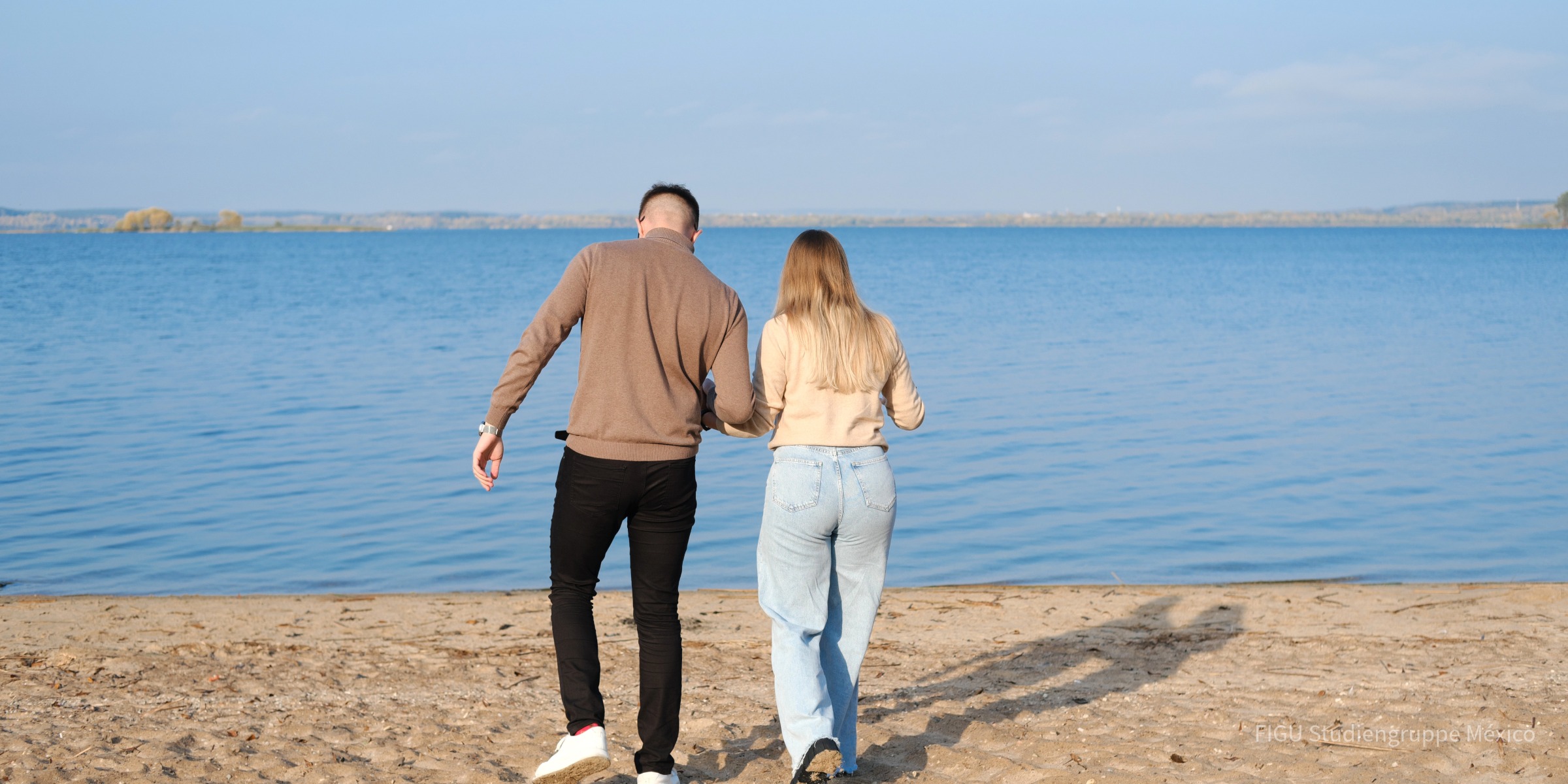 Pareja de espaldas caminando de la mano por una playa.